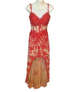 Sherri Hill Red Crystal Embellished Nude Illusion Gown Size 4 With Lace-Up back